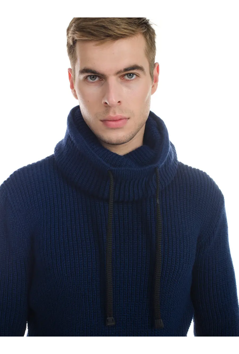 Loose T-neck Knit Sweater Dark Blue
