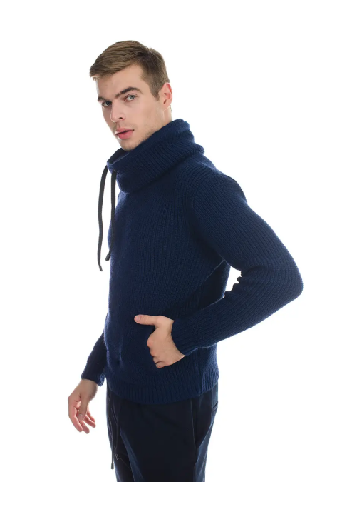Loose T-neck Knit Sweater Dark Blue