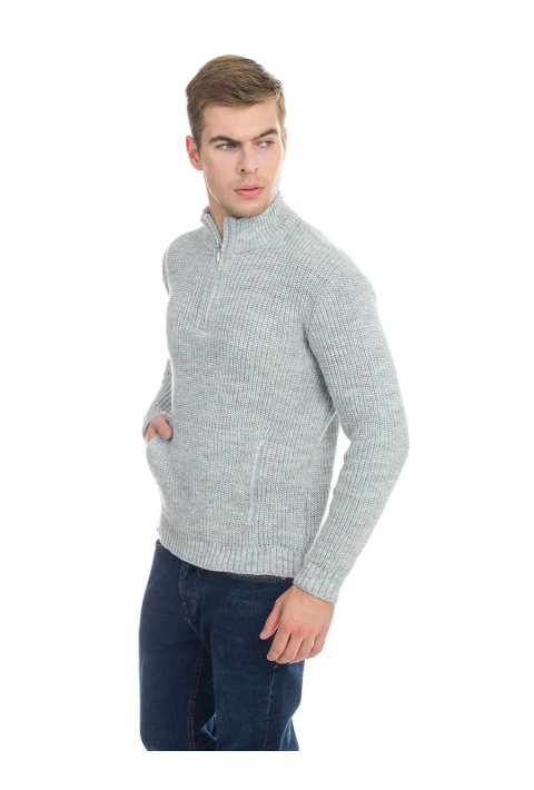 T-neck Zip Knit Sweater Light Grey