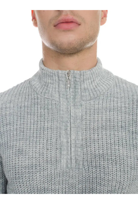 T-neck Zip Knit Sweater Light Grey