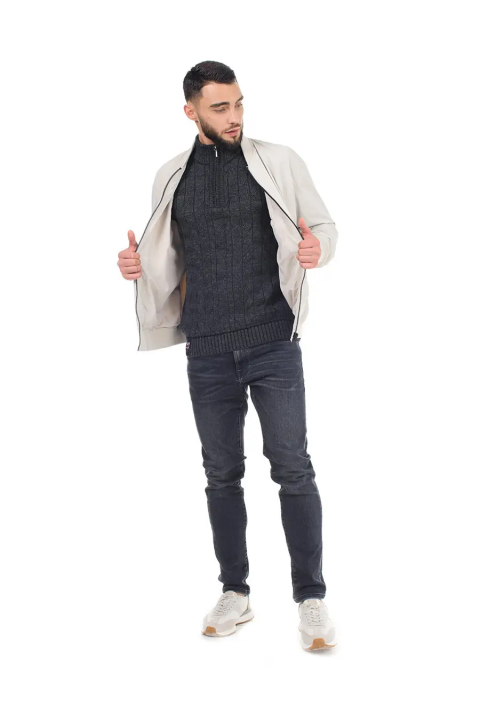 Soft Touch T-neck Zip Knit Sweater Grey