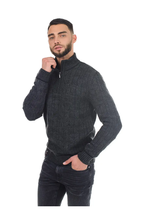 Soft Touch T-neck Zip Knit Sweater Grey