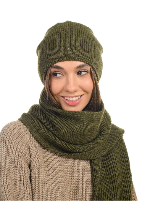 Wool Knit Hat and Scarve Army green